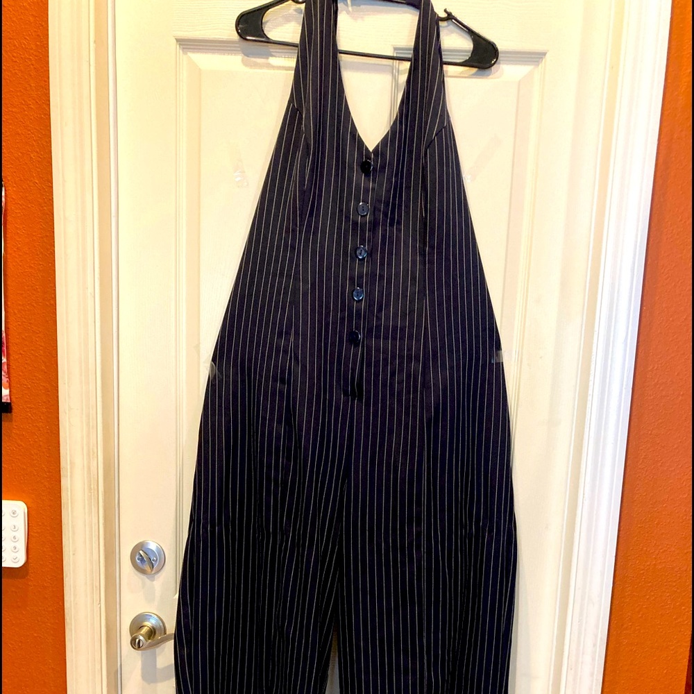 Halter jumpsuit. Pinstripes blue and white